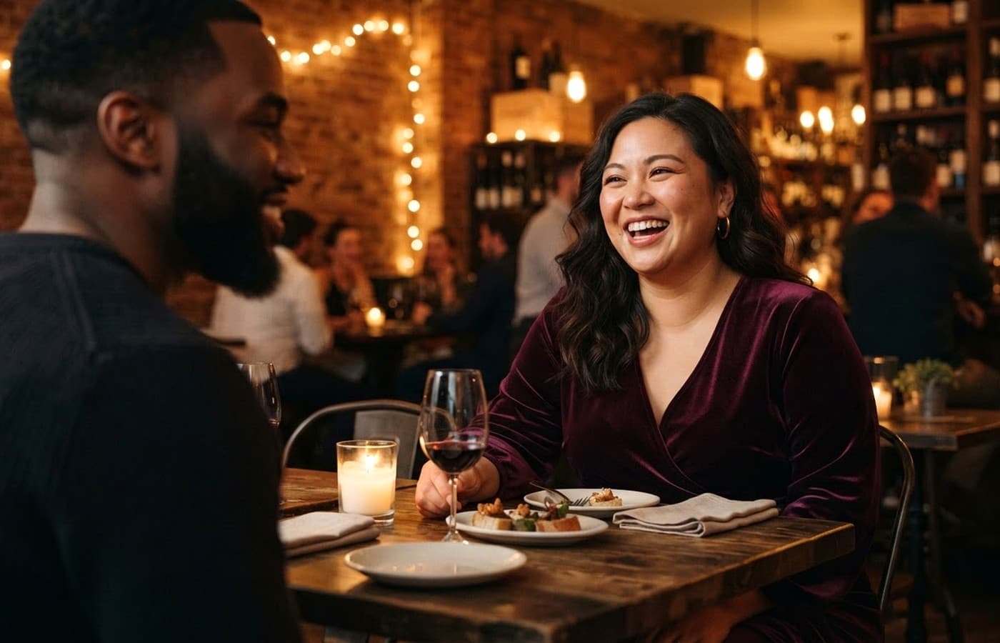 A woman smiling across the table on a relaxed first date